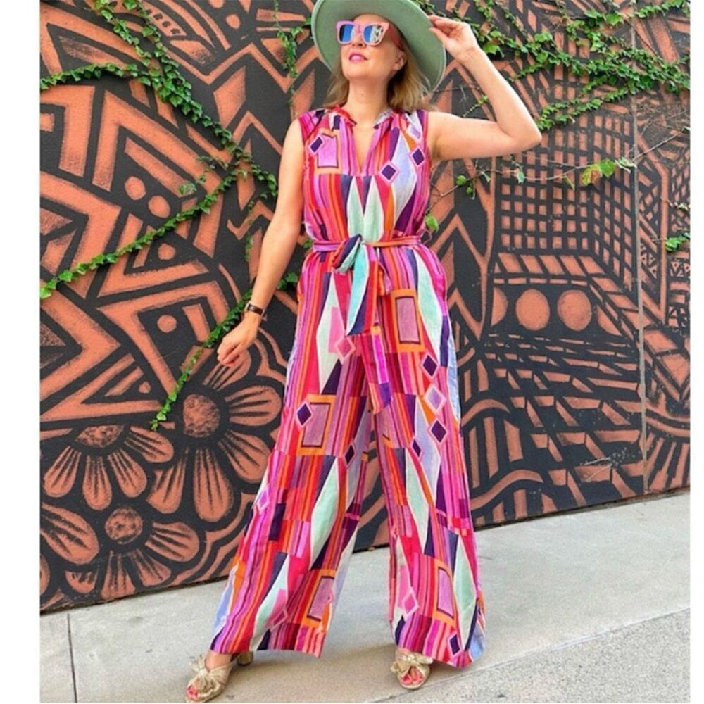 Anthropologie Ranna Gill Printed Ruffle V-Neck Wide-Leg Jumpsuit size small